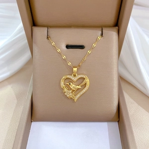 Heart Pendant Necklace With Bird On Branch Titanium Steel Chain And Zirconia Copper Luxury Banquet Jewelry For Women