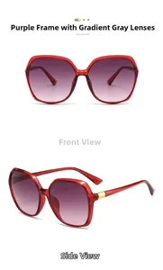 Macro view of purple square sunglasses with gradient gray lenses and gold hinge detail
