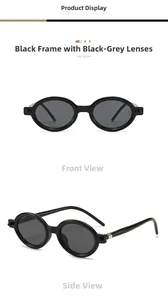 Detailed views of vintage oval sunglasses with black frames and dark grey lenses