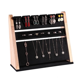 Wooden jewelry display stand with black velvet tray for rings, earrings and necklaces