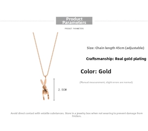 Detailed view of movable rabbit pendant necklace with dimensions and rose gold plating