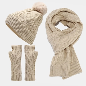 Detailed set of cable knit beanie with pompom, long scarf, and gloves in beige color