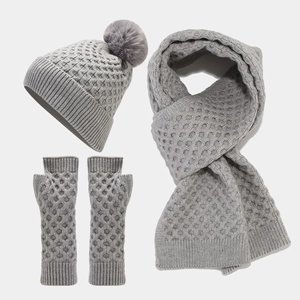 Detailed close-up of grey knitted winter set featuring beanie with pom-pom and scarf