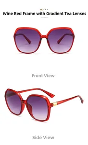 Detail view of burgundy square sunglasses with brown gradient lenses and gold accents