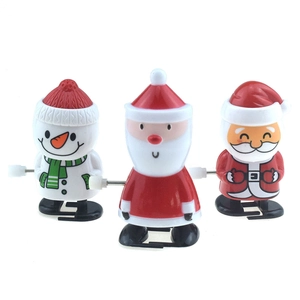 Detailed view of plastic wind-up Christmas toys including Santa and a snowman characters