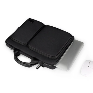 Minimalist black laptop briefcase with two front pockets and reinforced handles on white background