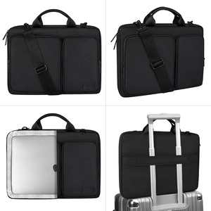 Waterproof laptop shoulder bag in black with multi-functional compartments and trolley strap