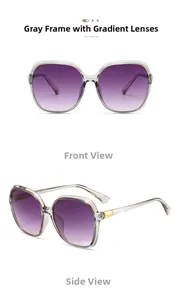 Detail view of square gray frame sunglasses with gradient lenses and golden metal accents