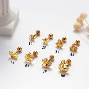 Golden Halloween screw-back stud earrings featuring pumpkin, ghost, and star motifs