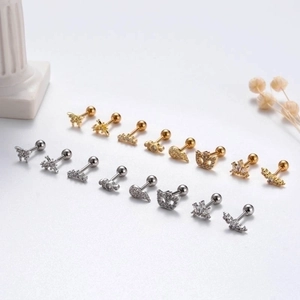 Stainless steel butterfly and crown ear studs with zircon in gold and silver finish
