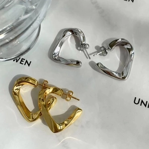 18K Gold Plated Copper Twisted Heart Stud Earrings Irregular Geometric Earrings With 925 Sterling Silver Earring Post Jewelry