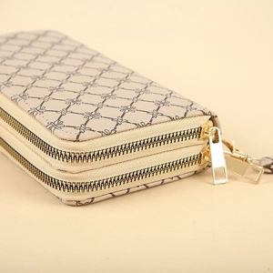 Long Wallet Women PU Leather Double Zipper Large Capacity Clutch Bag Printed Geometric Vintage Floral With Wristlet Strap