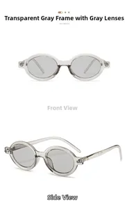 Detail view of oval retro sunglasses with transparent grey frames and dark grey lenses