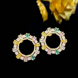 Vintage French Colorful Zirconia Hoop Stud Earrings For Women Retro Luxury Copper Inlaid Geometric Circle Earrings Jewelry