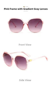 Detail view of pink square sunglasses featuring gradient lenses and gold metal hinges