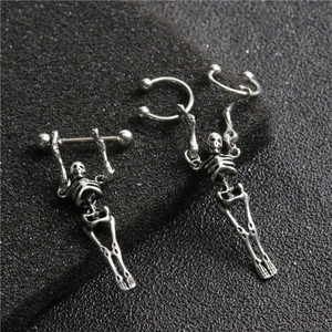 Punk style skull skeleton barbell earrings in vintage silver stainless steel finish