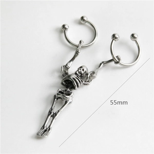 Silver punk style skull barbell body jewelry in stainless steel, 55mm length