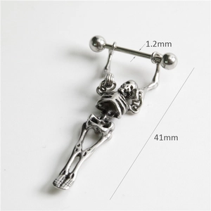 Punk style skeleton barbell earring in vintage silver metal finish, 41mm length