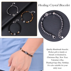 Men's adjustable 6mm natural stone beaded bracelet set with cross pendant and metal beads