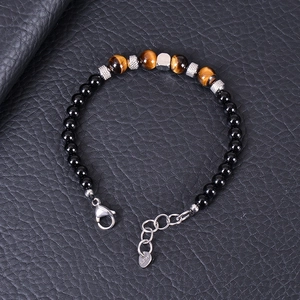 Men's titanium steel bracelet with natural tiger eye beads and black obsidian stones