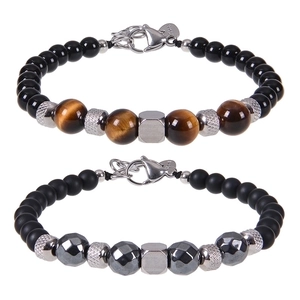 Natural Tiger Eye Obsidian Stone Bead Bracelet With Stainless Steel Lobster Clasp For Men Fashion Geometric Jewelry
