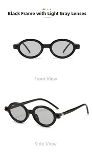 Front and side macro views of retro oval sunglasses with black frames and grey lenses