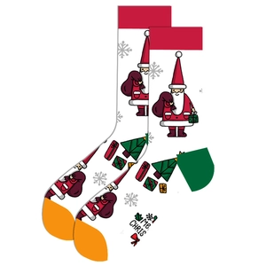 Detail of white Christmas socks with Santa Claus, gift motifs and red elastic cuffs