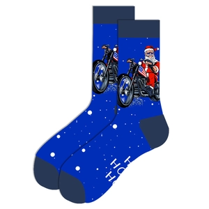 Blue Christmas socks featuring Santa Claus riding a motorcycle and white HO HO HO text