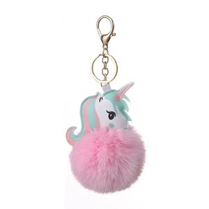Colorful PU unicorn keychain with pink faux fur pompom and golden metal ring
