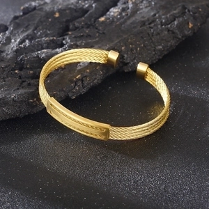 Modern gold multi-layer cable wire open cuff bracelet with brushed metal texture bar