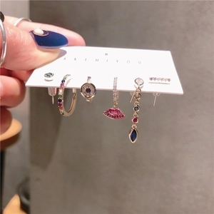 Set of 6 gold plated earrings with colorful zircon stones and lip charm for women