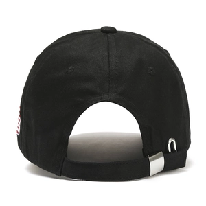 Adjustable metal buckle strap and striped embroidery detail on black baseball cap back
