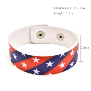 PU leather USA flag sports bracelet with snap closure, 214mm length and 20mm width