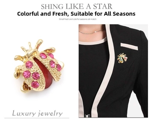 Detail view and model shot of sparkling pink rhinestone ladybug brooch pins