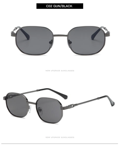 Detail view of gunmetal retro octagonal sunglasses with textured bridge and black lenses