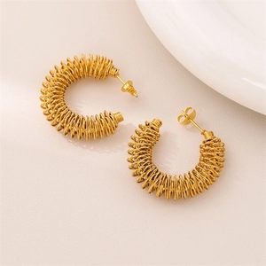 18K gold twist C-shape hoop earrings with vintage spiral textured winding design