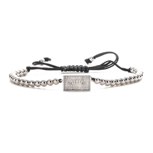 Men's punk adjustable braided bracelet with silver beaded crown and cubic zirconia