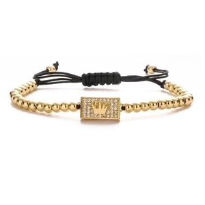 Men's punk gold beaded crown bracelet with micro-paved cubic zirconia and adjustable cord