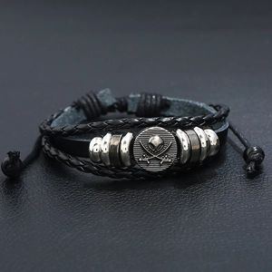 Retro beaded skull leather bracelet for men and women with adjustable layered cords