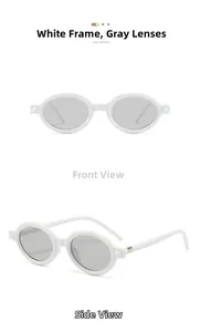 Detailed views of vintage oval sunglasses featuring white frames and grey lenses