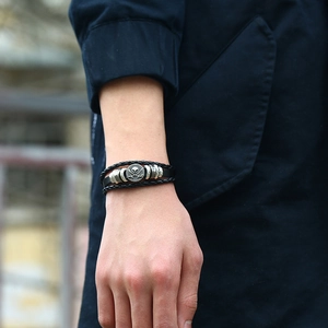 Retro multi-layer braided black leather bracelet with silver skull charm for men and women
