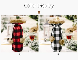 Detail of red and white plaid wine bottle covers with faux fur trim and pom-poms