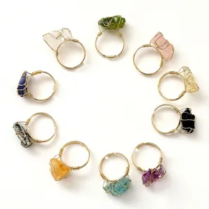 Natural Raw Stone Wire Wrapped Adjustable Ring Irregular Crystal Amethyst Bohemian Handmade Copper Jewelry For Women