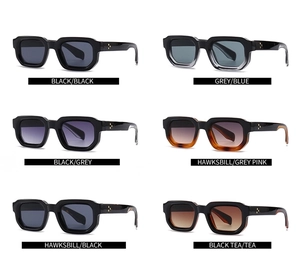 Detailed grid of narrow rectangular sunglasses in six classic colors with metal rivets