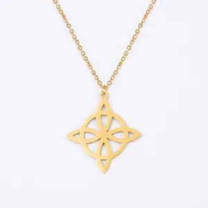Stainless Steel Celtic Knot Compass Pendant Necklace For Women Men Gold Black Geometric Hollow Out Flower Viking Jewelry Gift