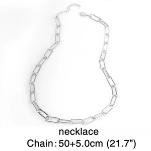 Detailed view of silver paperclip link necklace with lobster clasp and length measurements