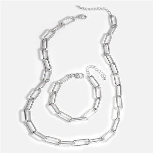 Silver paperclip link chain necklace and bracelet set with lobster clasp and extension