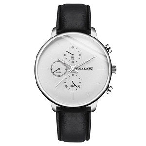YOLAKO men's quartz watch with silver case, white dial, calendar, and black leather strap