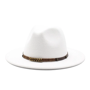Classic white wool felt jazz fedora hat with bohemian leather and metal bead trim