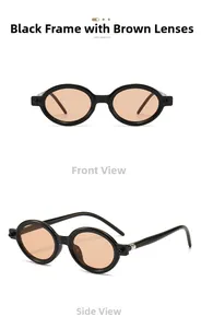 Detail view of oval retro sunglasses featuring black frames and amber translucent lenses